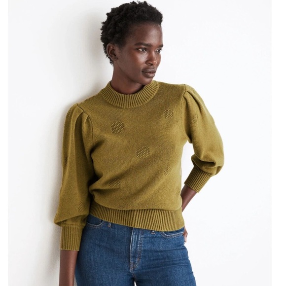 Madewell Dotted Eaton Puff-Sleeve Pullover Sweater in Cotton-Merino Yarn Size S - Picture 2 of 14